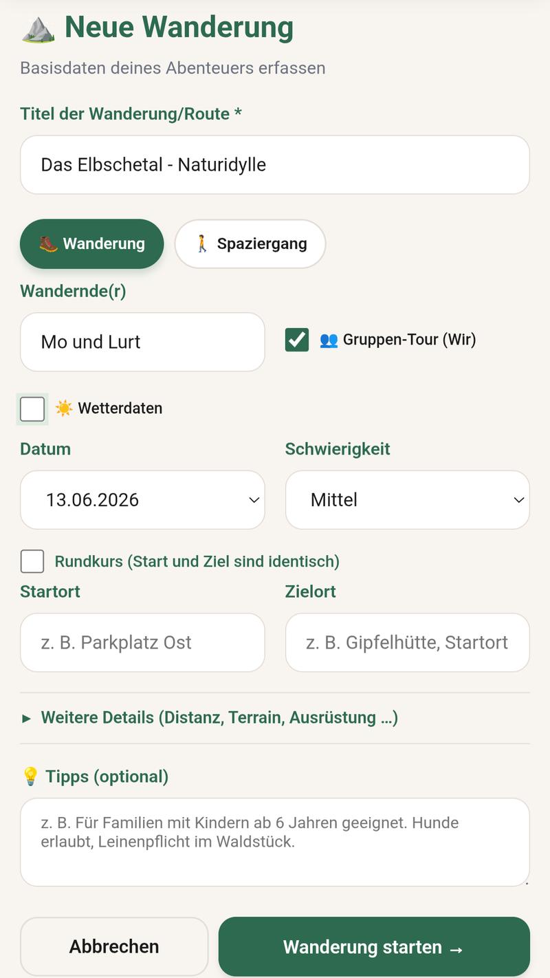 Neue Wanderung Formular